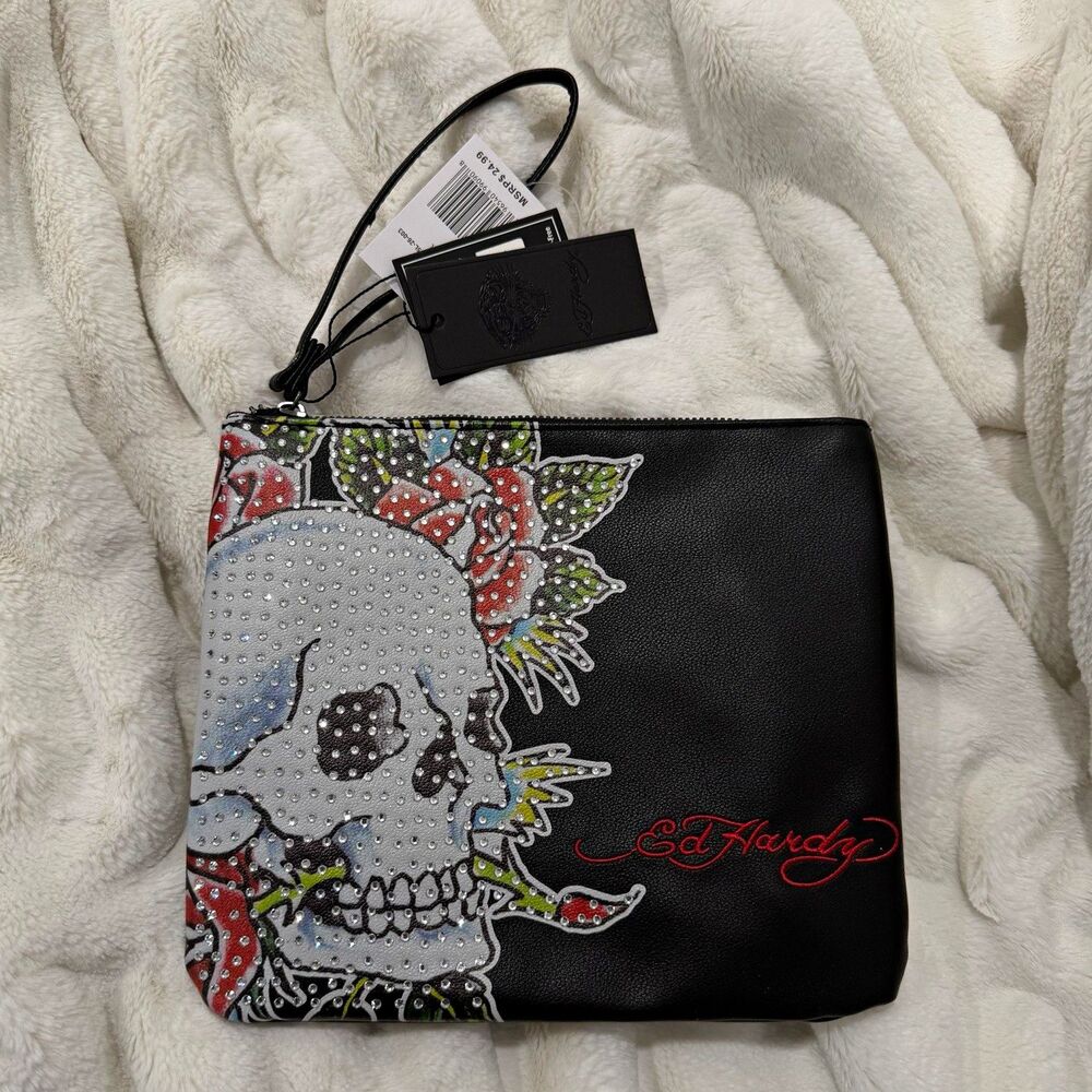 ed hardy black skull graphic rhinestone zip wristlet clutch w/ inner pockets